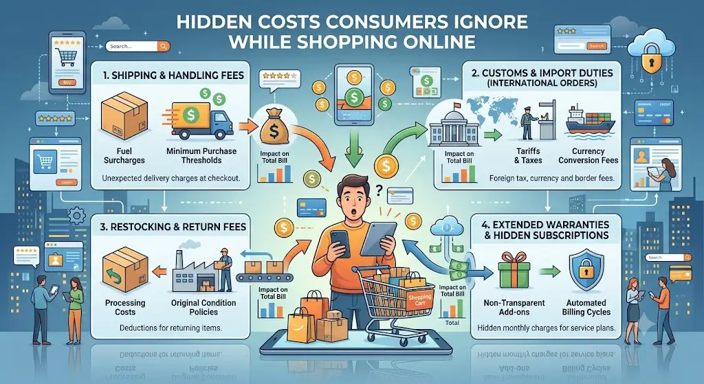 Alt Text: A detailed infographic titled "HIDDEN COSTS CONSUMERS IGNORE WHILE SHOPPING ONLINE," illustrating four main categories: Shipping & Handling Fees, Customs & Import Duties, Restocking & Return Fees, and Extended Warranties & Hidden Subscriptions, linked by an arrow diagram to a central shopping cart.