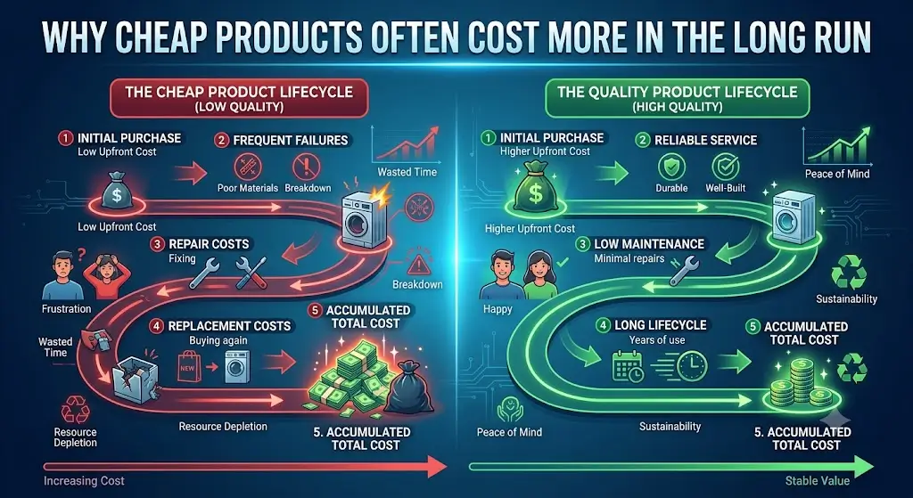 A comparison showing a cheap, low-quality product beside a durable, high-quality alternative, highlighting how frequent replacements increase long-term costs.