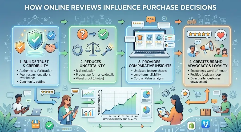A detailed professional infographic, "HOW ONLINE REVIEWS INFLUENCE PURCHASE DECISIONS," visualizing a four-step consumer journey with associated data charts and consumer interactions.