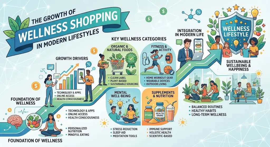 The Growth of Wellness Shopping in Modern Lifestyles, featuring health-focused products, fitness essentials, and mindful consumer choices.