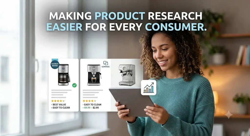 A consumer comparing products online using clear research tools to make informed and confident purchasing decisions.