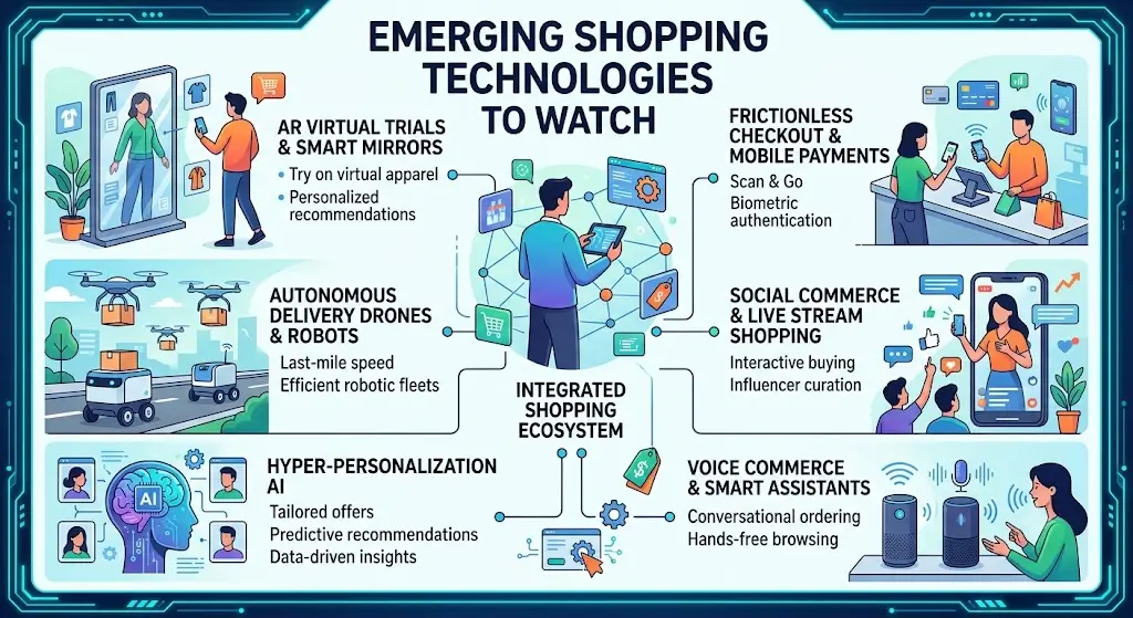 A modern digital shopping interface showcasing AI recommendations, smart devices, and innovative retail technologies transforming the online shopping experience.