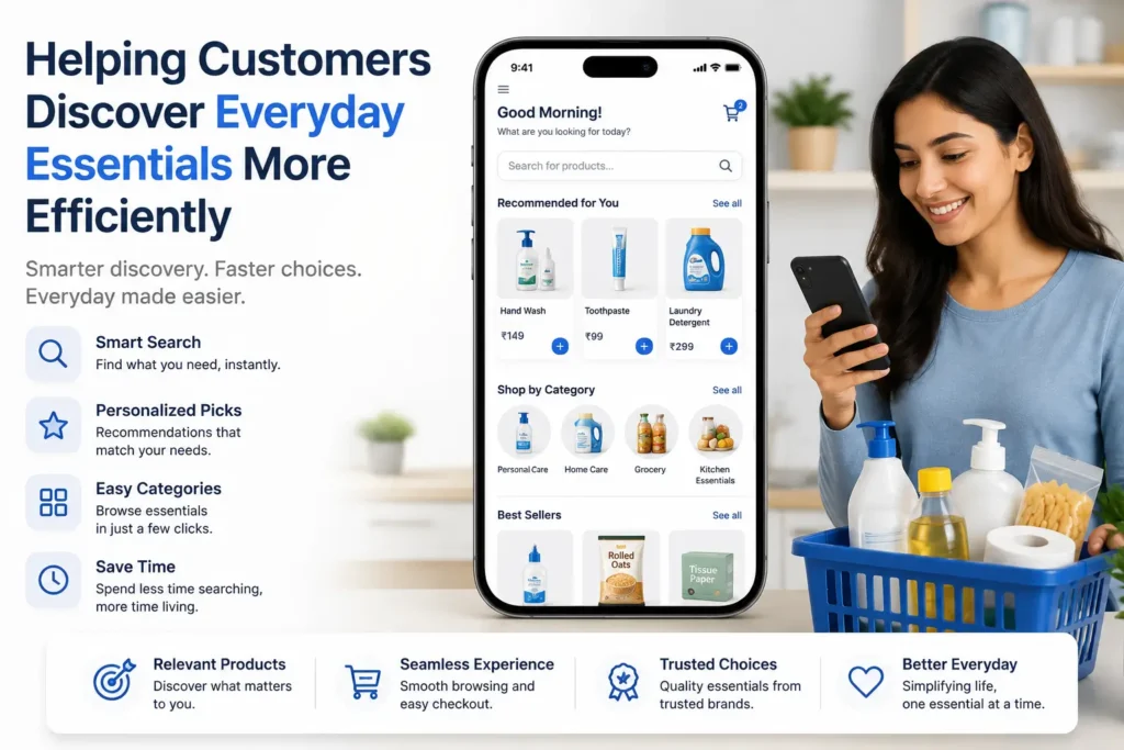 A shopper efficiently discovers everyday essentials through a well-organized online marketplace with smart product recommendations.