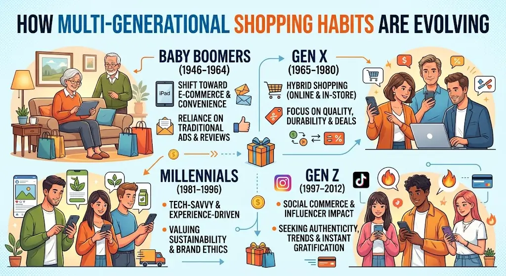 A diverse family representing multiple generations shopping together, comparing products and making informed buying decisions across age groups.
