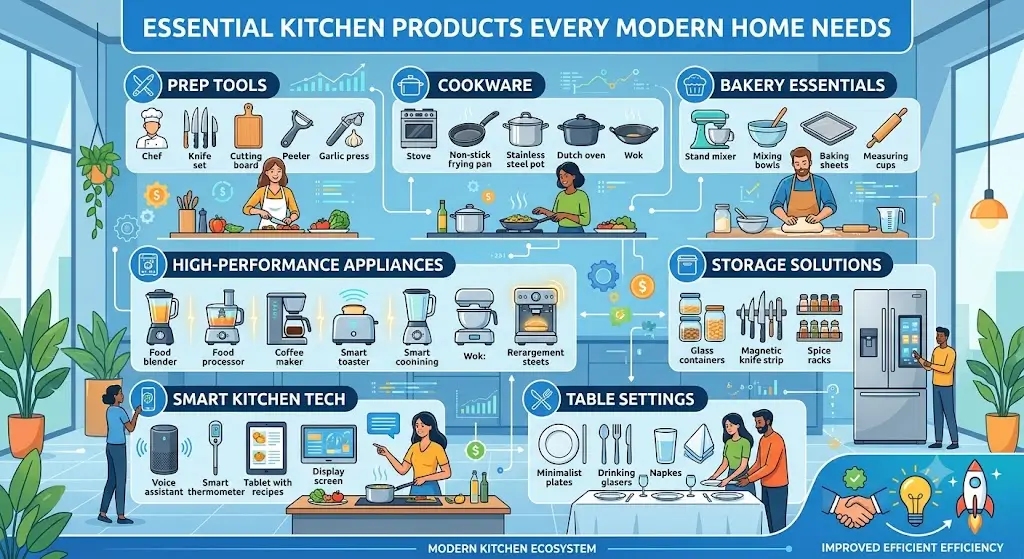 Essential Kitchen Products Every Modern Home Needs, featuring practical cookware, appliances, and tools designed for efficient everyday cooking.