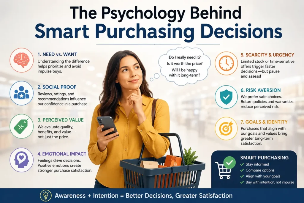 A professional infographic titled "The Psychology Behind Smart Purchasing Decisions" featuring a thoughtful shopper holding a smartphone and shopping basket while considering buying choices. The design highlights key factors influencing consumer behavior, including need versus want, social proof, perceived value, emotional impact, scarcity and urgency, risk aversion, and personal goals. The infographic emphasizes making informed purchasing decisions through awareness, comparison, and intentional spending.