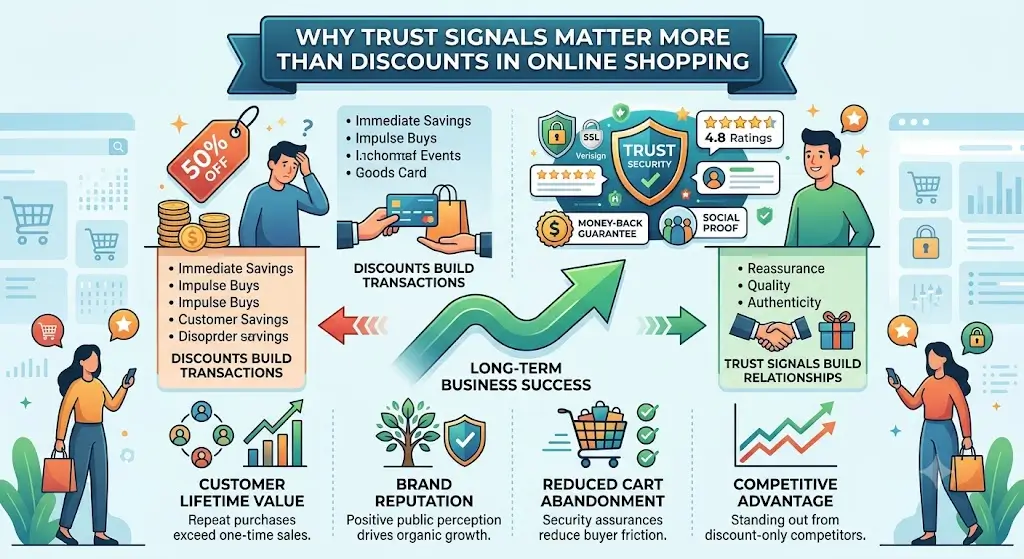 A shopper reviewing verified customer ratings, secure payment badges, return policies, and product details before purchasing online.