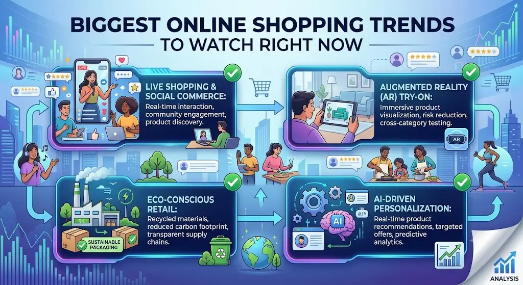 A detailed professional infographic illustrating four key online shopping trends: Live Shopping, Eco-Conscious Retail, Augmented Reality Try-On, and AI-Driven Personalization.