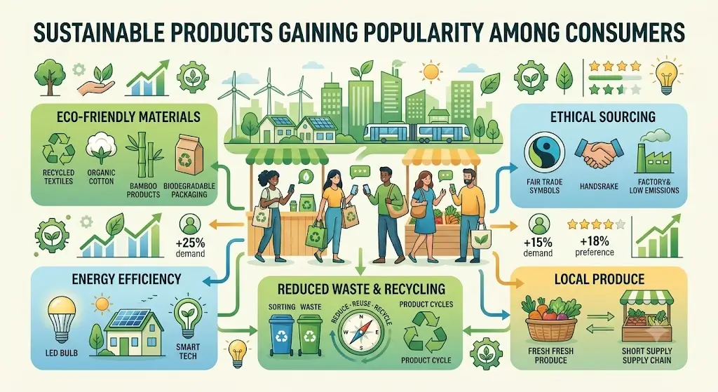 A detailed e-commerce infographic titled "SUSTAINABLE PRODUCTS GAINING POPULARITY AMONG CONSUMERS," visually explaining six key areas including Eco-Friendly Materials, Ethical Sourcing, and reduced Waste.